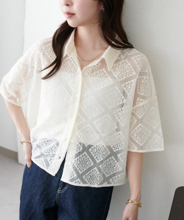 DISCOAT(ディスコート) 【WEB限定】ダイヤ柄レースシャツ