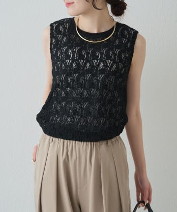 PUAL CE CIN(ピュアルセシン) ストレッチレースノースリーブTシャツ