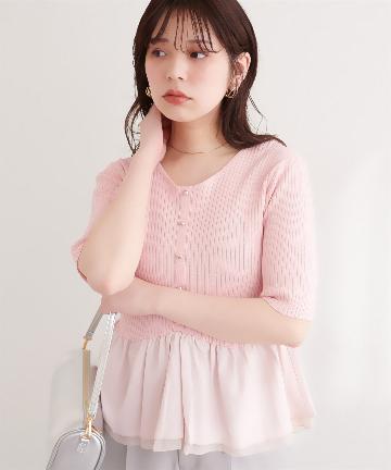 natural couture(ナチュラルクチュール) 異素材ペプラム半袖ニット