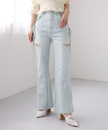 one after another NICE CLAUP(ワンアフターアナザー ナイスクラップ) 【SMサイズ展開あり】サイドスリットリボン美脚デニムパンツ