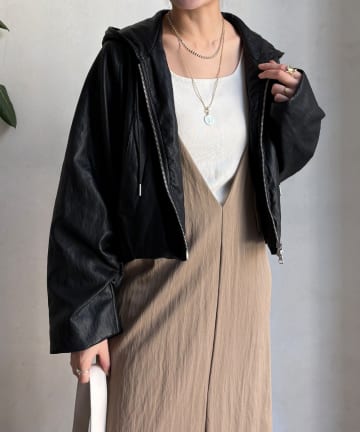 OUTLET(アウトレット) 【DouDou】フェイクレザーショートフーディージャケット