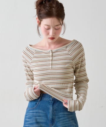 Kastane(カスタネ) 【4.5(日)0:00発売/無地&ボーダー】オフショルリブtee