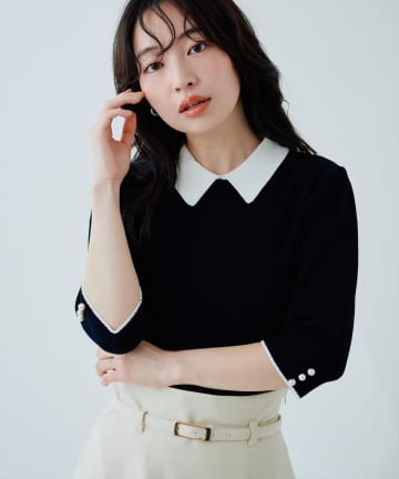 natural couture(ナチュラルクチュール) 配色衿付き6分袖リブニット