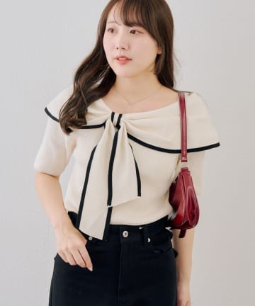 NICE CLAUP / OLIVE des OLIVE OUTLET(ナイスクラップ  / オリーブ デ オリーブ アウトレット) 【ANOTHER BRANCH】配色オフショルリボンプルオーバー