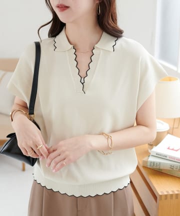 DISCOAT(ディスコート) 【UVカット/遮熱】スカラップ配色スキッパーニット《WEB限定》