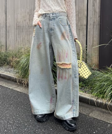 CIAOPANIC(チャオパニック) スプレー加工ダメージワイドデニムパンツ