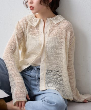 CIAOPANIC TYPY(チャオパニックティピー) 襟付きプリーツカットレースシアーカーデ