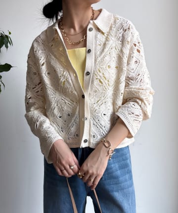 OUTLET(アウトレット) 【DouDou】レース柄襟付きニットシャツカーディガン