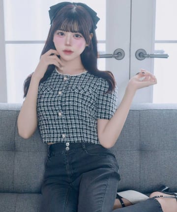 Belle Charme(ベルシャルム) Pearl Neck Tweed Jacket