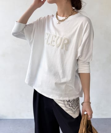 DOUDOU(ドゥドゥ) 【WEB限定】7分袖芝生刺繍ロゴTEE