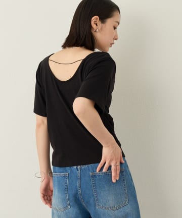 omekashi配色メロー長袖tプリーツブラウスカットソー黒ブラック mystic - omekashi配色メロー長袖tプリーツブラウスカットソー黒