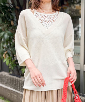 NOLLEY'S(ノーリーズ) 《手洗い可能》ペーパー混深V片畦プルオーバー