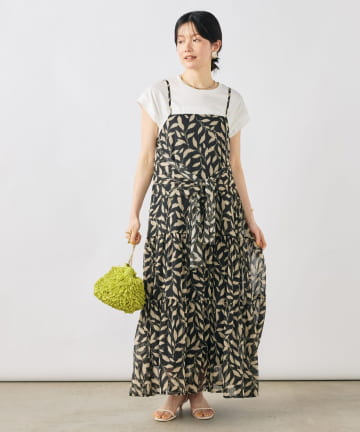 NOLLEY'S(ノーリーズ) 【Import Fabric】ウォッシャブル楊柳リーフ柄ウエストリボンワンピース