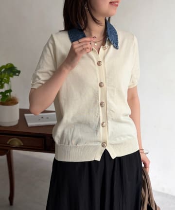 Chez toi(シェトワ) デニム切替半袖ニットシャツ