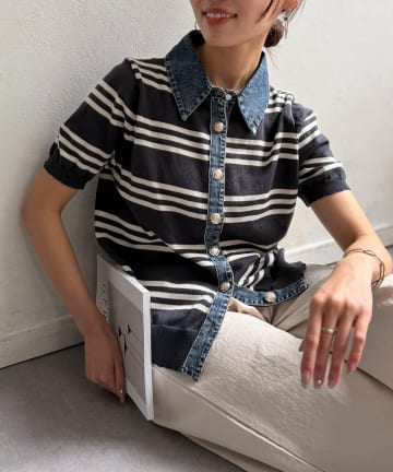 Chez toi(シェトワ) デニム切替ボーダーニットシャツ