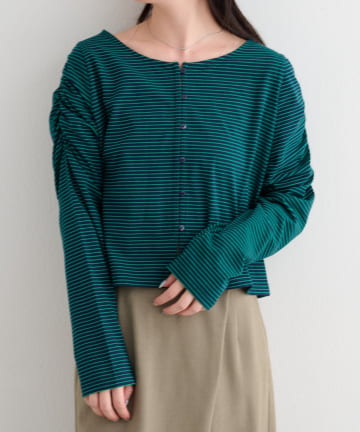 OUTLET(アウトレット) 【Kastane】B ボーダーギャザーショルダーカーディガン