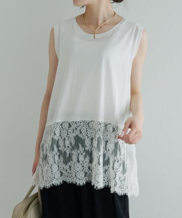 PUAL CE CIN(ピュアルセシン) レースヘムノースリーブカットソー