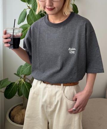 CIAOPANIC TYPY(チャオパニックティピー) 【UNISEX】ピンボーダーワンポイント刺繍ロゴTシャツ