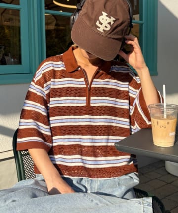 CIAOPANIC TYPY(チャオパニックティピー) 【UNISEX】透かし編みメッシュボーダーハーフジップサマーニットポロ
