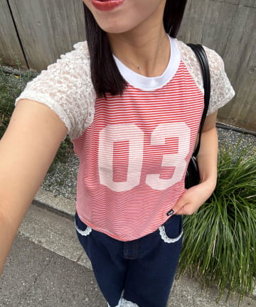 CIAOPANIC(チャオパニック) 袖レースナンバリングボーダーラグランTee