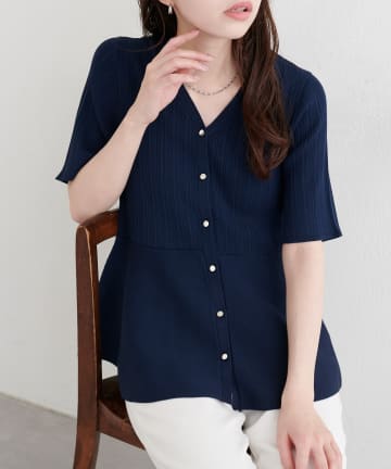 natural couture(ナチュラルクチュール) ランダムリブ５分袖ペプラムニットカーディガン