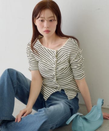 Kastane(カスタネ) 【WEB先行/無地&ドット&ボーダー】ギャザーテレコ半袖カーディガン