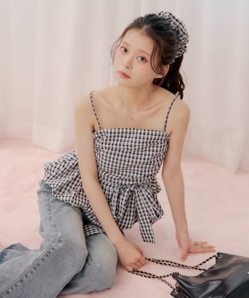 Chico(チコ) ギンガムバルーンペプラムトップス+シュシュセット