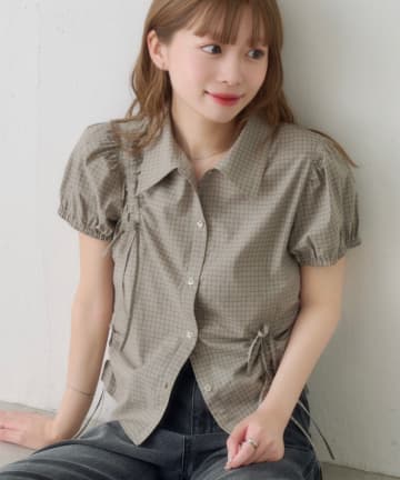 Kastane(カスタネ) 【WEB先行/チェック&無地】パフリボンシャツ