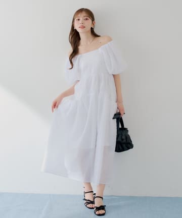 Chico(チコ) 【SALON  by Chico】パフ袖ドビーロングワンピース