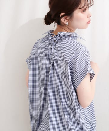 natural couture(ナチュラルクチュール) ギンガムチェック半袖シャツブラウス