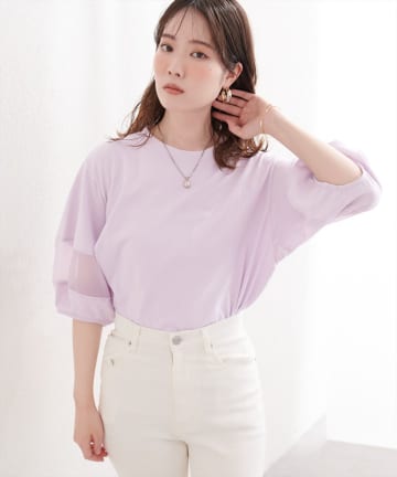 natural couture(ナチュラルクチュール) オーガンジー切り替えパフスリーブプルオーバー