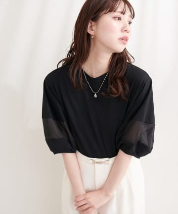 natural couture(ナチュラルクチュール) オーガンジー切り替えパフスリーブプルオーバー