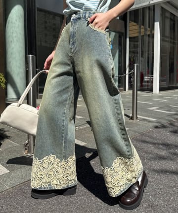 CIAOPANIC(チャオパニック) 裾レースワイドストレートデニムパンツ