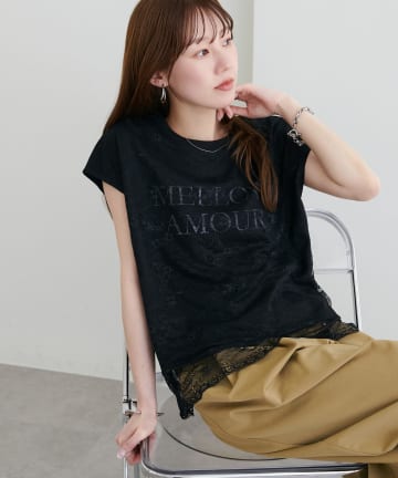 DISCOAT(ディスコート) レースレイヤードロゴTシャツ