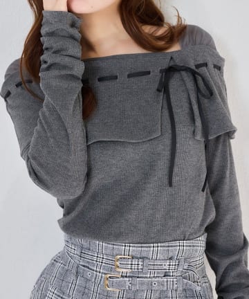 NICE CLAUP / OLIVE des OLIVE OUTLET(ナイスクラップ  / オリーブ デ オリーブ アウトレット) 【one after another】配色リボンオフショルトップス