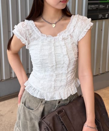 w closet(ダブルクローゼット) シャーリングレースフレンチTee