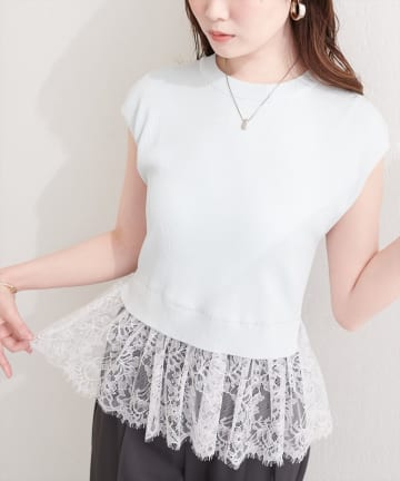 natural couture(ナチュラルクチュール) 裾レースフレンチスリーブニットプルオーバー
