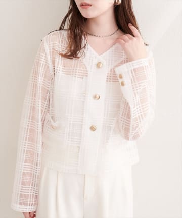 natural couture(ナチュラルクチュール) シアーチェックノーカラーショートジャケット