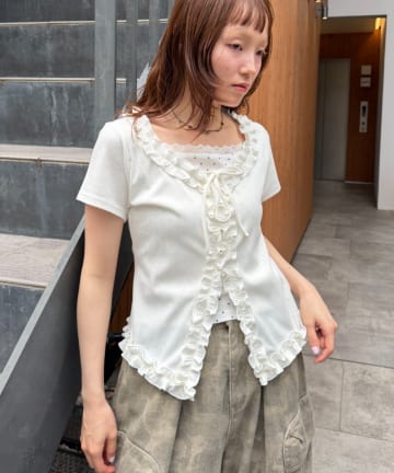 w closet(ダブルクローゼット) 半袖レイヤードフリルカーディガン