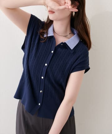 natural couture(ナチュラルクチュール) 衿付きケーブルノースリカーデ風TOPS