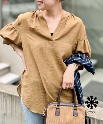 NOLLEY'S(ノーリーズ) 《接触冷感》【BECシリーズ】ウォッシャブル半袖オーバーギャザーブラウス