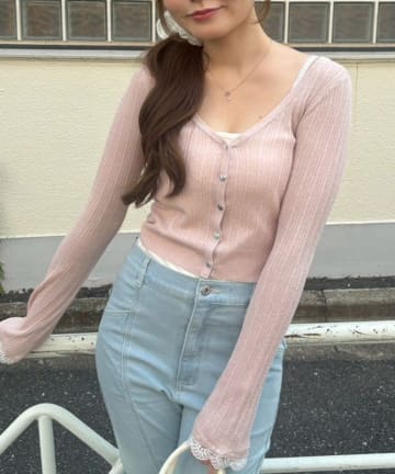 NICE CLAUP / OLIVE des OLIVE OUTLET(ナイスクラップ  / オリーブ デ オリーブ アウトレット) 【continuer】ハート釦袖レースラメカーディガン