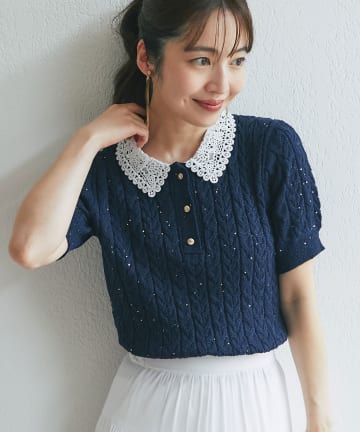 La boutique BonBon(ラブティックボンボン) ブークレスパンコールケーブル半袖ニット