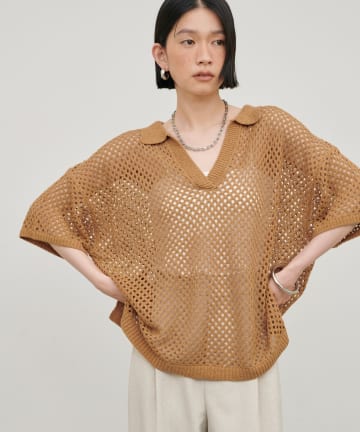 LARUTA(ラルータ) 麻調メッシュスキッパー半袖ニット