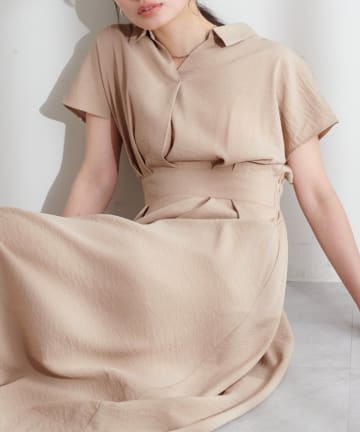 NICE CLAUP / OLIVE des OLIVE OUTLET(ナイスクラップ  / オリーブ デ オリーブ アウトレット) 【natural couture】涼しげスキッパー衿お上品ワンピース(Lサイズ)