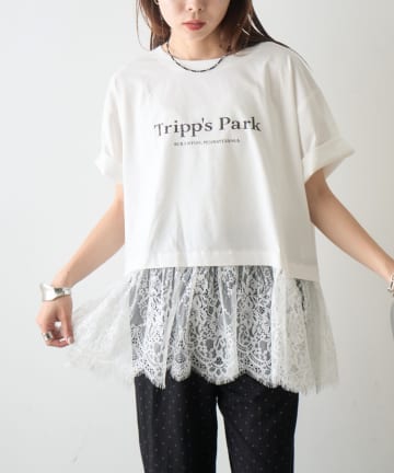 CIAOPANIC TYPY(チャオパニックティピー) 【接触冷感/全方位着映え】裾レースドッキング半袖ロゴTee