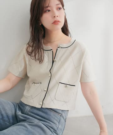 natural couture(ナチュラルクチュール) ダイヤ柄透かし配色カーディガン