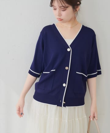 natural couture(ナチュラルクチュール) 【sherbet line】接触冷感UVアンチピリング ポケット付き配色半袖ニットカーディガン