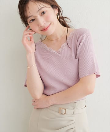 natural couture(ナチュラルクチュール) 【sherbet line】アシメレースネック半袖ニット