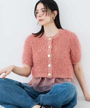 NOLLEY'S(ノーリーズ) 裾フリルキャミ付きファンシーヤーン5分袖カーディガン